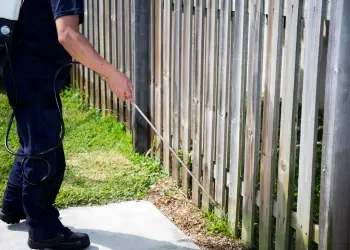 Technician applying perimeter pest control treatment along residential fence to prevent insect and rodent entry