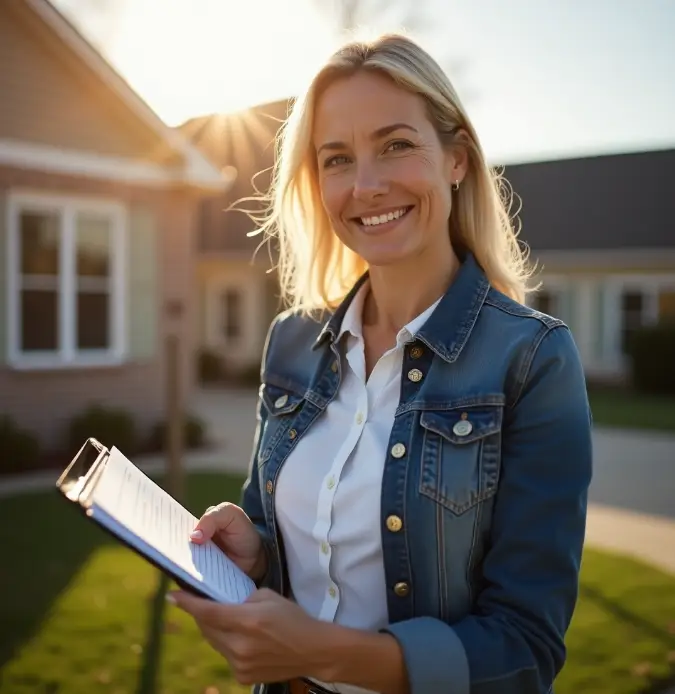 Friendly consultant standing outside a home with clipboard, smiling warmly during inspection process