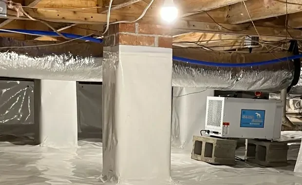 Encapsulated crawl space solutions in South Carolina with installed dehumidifier and sealed vapor barrier system