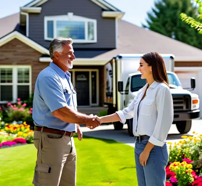 Technician shaking hands with homeowner outside residence, ready to begin crawl space work