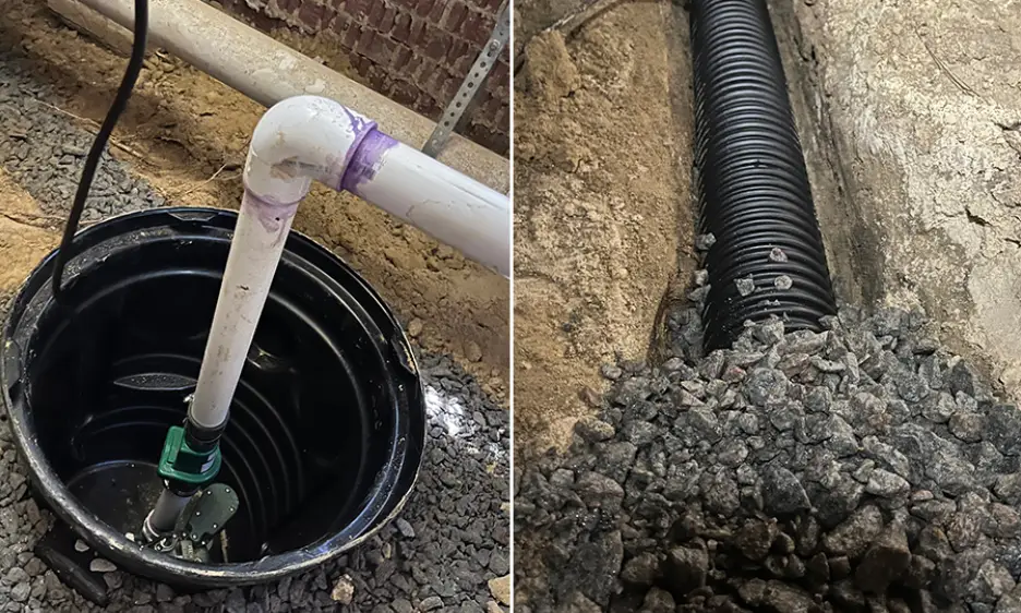 French drain pipe installed with gravel in crawl space