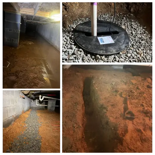 Sump pump and French drain installation in South Carolina crawl space to prevent water damage and standing water issues