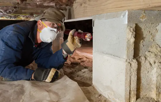 Termite inspection in Columbia SC crawl space with flashlight